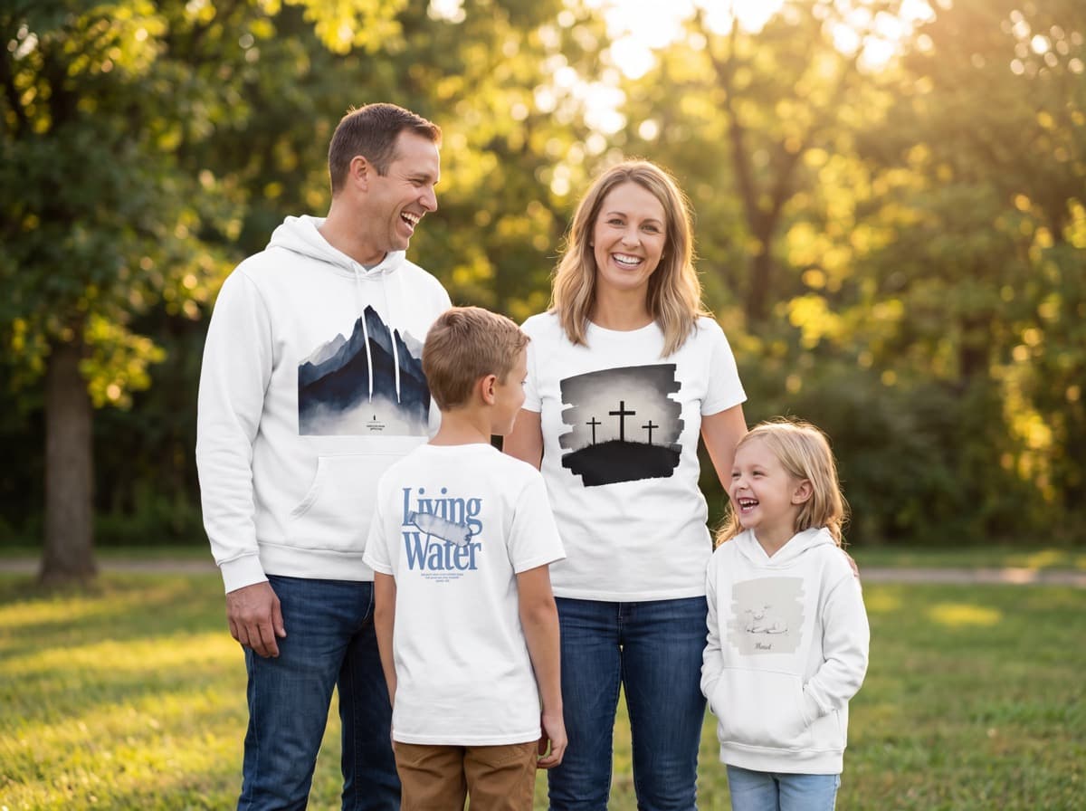 Happy family wearing Christian Store apparel in a sunny park